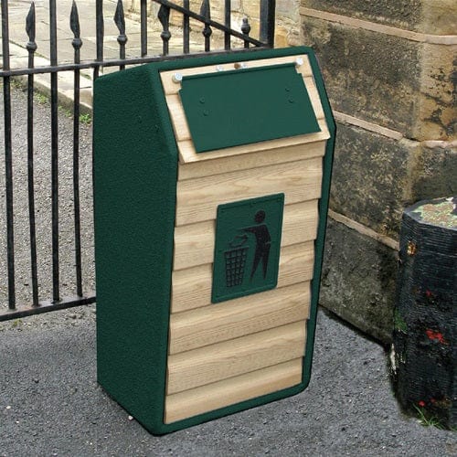 Freestanding litterbin with timber front and tidyman iconography plate