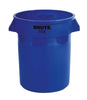 Blue round 75 litre open top dustbin with Brute wording to the front and side handles for easy carrying