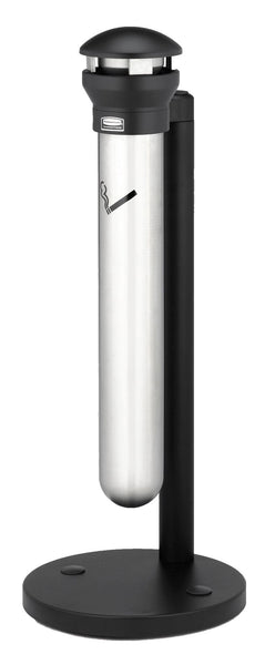 Infinity cigarette bin mounted onto a freestanding post with large circular base plate.  Apertures around the lid allow 360 degree disposal 