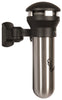 Wall mountable cigarette disposal bin with black bracket and lid with silver body with black cigarette logo to the front