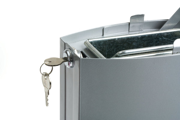 Close up of the lock and key showing in the open position with the lid opening
