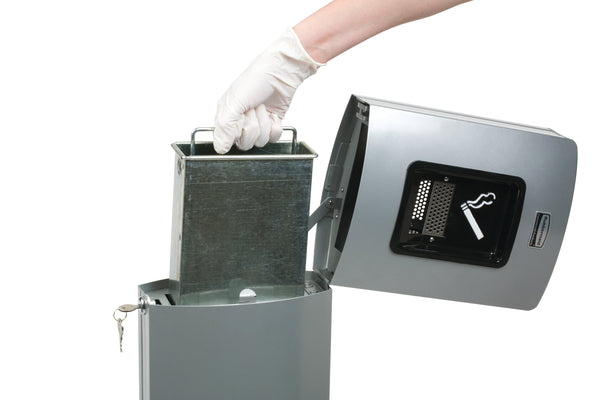 Cigarette disposal bin in the open position with galvanised liner being removed 