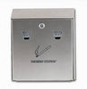 Stainless steel wall mountable cigarette bin with inonography and lock.  Complete with 2 apertures to the front