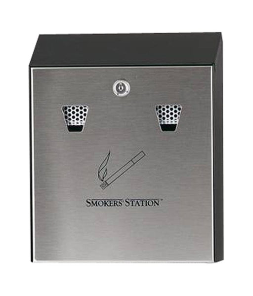 Square wall mountable cigarette bin complete with iconography.  2 small apertures for cigarettes with integrated stub plates