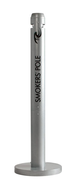Tall cylindrical cigarette disposal bin, large circular base for stability in silver