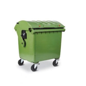 1100 Litre plastic wheelie bin in green with a roll lid