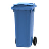 120 Litre plastic wheelie bin in blue with the lid shut