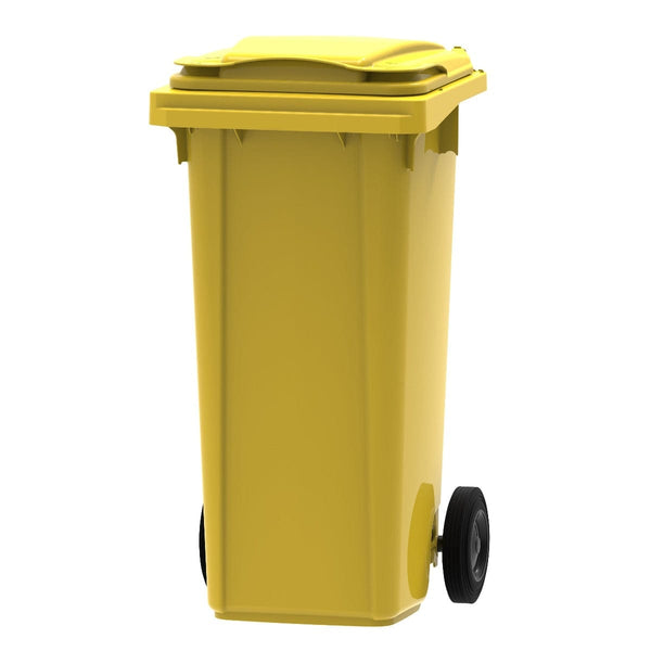 120 Litre wheelie bin in yellow with the lid shut