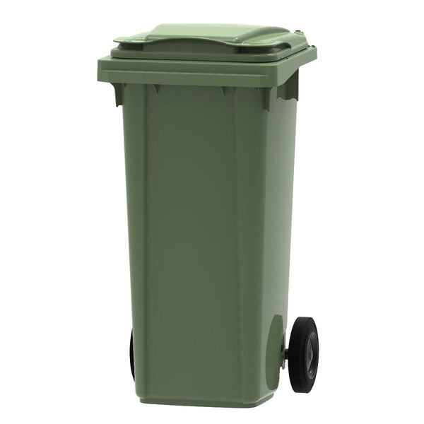 120 litre wheelie bin in green with the lid shut