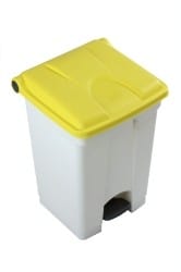 White body plastic pedal bin with yellow lid and grey foot pedal 