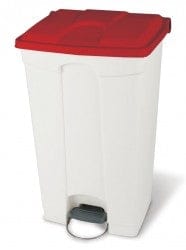 90 Litre pedal bin with white base and red lid.  Grey ledal with metal bracket for stability