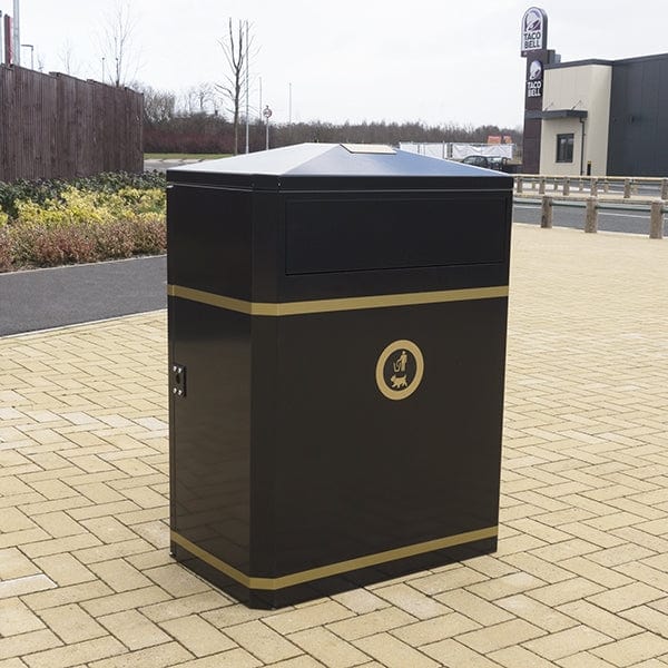 160 Litre external litterbin with peaked lid and modified aperture flaps, complete with gold banding and tidyman logo in gold