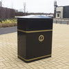 160 Litre external litterbin with peaked lid and modified aperture flaps, complete with gold banding and tidyman logo in gold