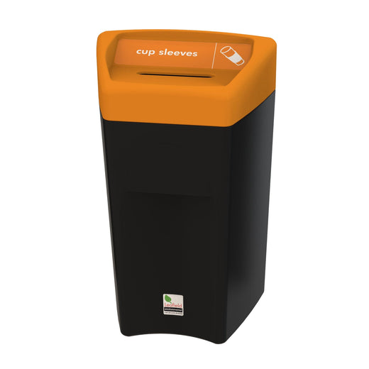 Enviropod Bin with orange slot aperture lid labeled for cup sleeves. 