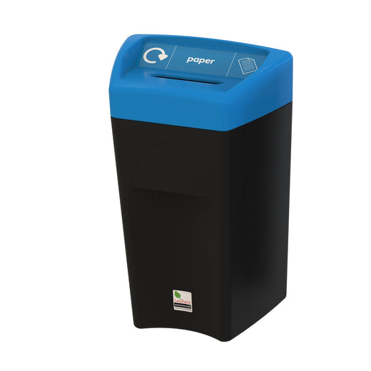 Enviropod Bin with blue slot aperture lid labeled for paper waste.