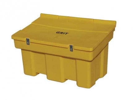 200 Litre Hinged Lid Grit Bin in a Yellow Polyethylene. Hasp & Staple lock can be fitted upon optional purchase.