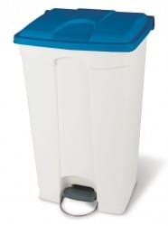 90 Litre pedal bin with white body and blue lid, containing foot pedal and base bar