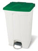 Green lidded recycling bin on white base and grey pedal