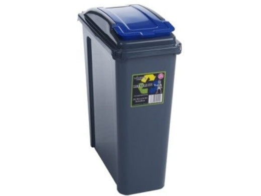 Slim profile 25 litre recycling bin with grey body and blue lift up flap.  Tapered in design for nesting