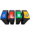 Set of 4 internal plastic recycling bins, slim design with coloured lift up flap lids in either red, blue, green and yellow