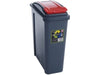 Red lift up flap litter bin, 25 litre capacity slim footprint with grey plastic construction