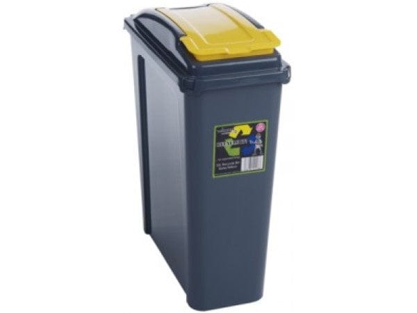 Grey plastic internal recycling bin, slim footprint with 25 litre capacity and yellow lift up flap for disposal