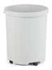 Circular waste paper bin with black castor wheels and tapered desgin for easy stacking