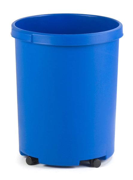 Blue round 50 litre waste paper bin with black wheels