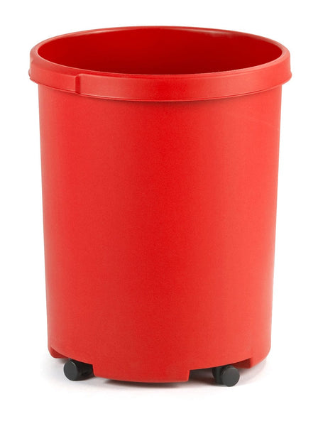 Round plastic waste paper bin in red with tapered design for nesting and optional wheels for transportation