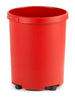 Round plastic waste paper bin in red with tapered design for nesting and optional wheels for transportation