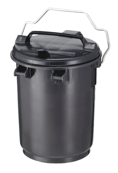 Black plastic dustbin with lift off lid, side handles and carry handles with capacity of 30 Litre.