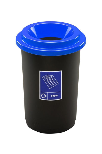 Circular 50 litre recycling bin with black base and blue lid with open aperture, complete with paper label to the front