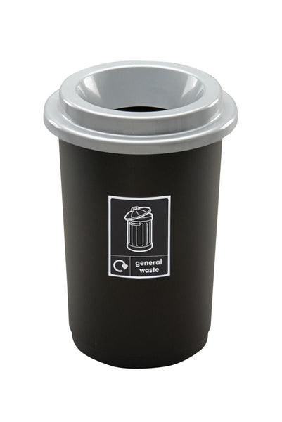 50 Litre round black base with general waste sticker and silver lid