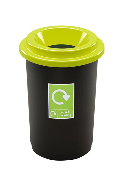 50 Litre black base with lime lid recycling bin with a hole aperture for recycling