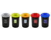 Group shot of 5 internal recycling bins, round bins with black bases and lid colours, grey, lime, yellow, red or blue