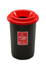 Plastic recycling bin with black base, red lid with open aperture and complete with label to the front