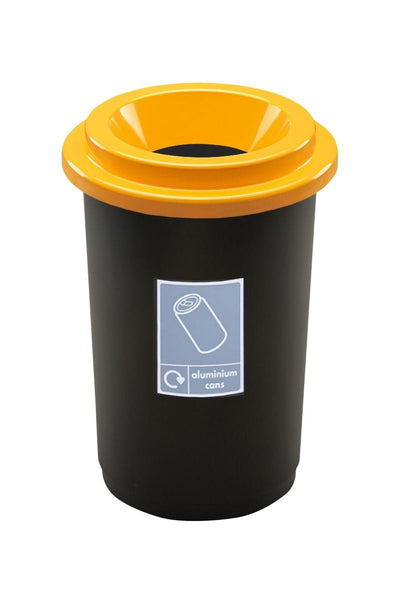 50 Litre round recycling bin with yellow lid, black base and grey aluminium cans recycling label