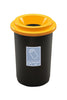 50 Litre round recycling bin with yellow lid, black base and grey aluminium cans recycling label