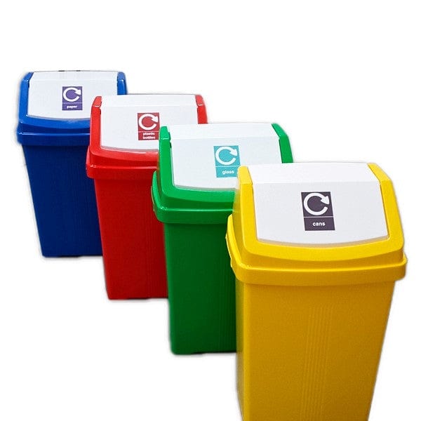 50 Litre Flip Top Recycling Bins made from easy clean plastic. Available in four different.