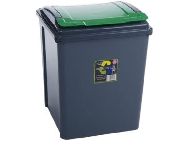 50 Litre square recycling bin with green lift up flap lid, grey body 