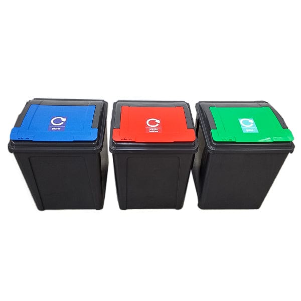 Set of 3 50 litre recycling bins.  Square plastic grey bodies with coloured lift up flaps in blue, red and green