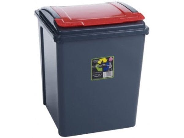 Grey plastic indoor recycling bin with red lift up flap lid to signify recycling