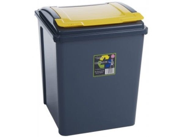 50 litre square plastic recycling bin with grey body and lid with yellow lift up flap