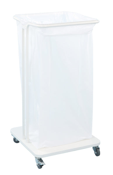 White mobile sackholder on 4 castor wheels, complete with liner for reference 