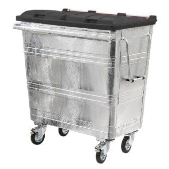 660 litre metal wheelie bin with 4 wheels and a black rubber lid with galvanised body