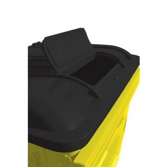 1100 Litre metal wheelie bin in yellow with a black trade lid