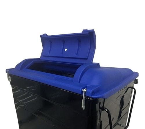 black metal 660 litre wheelie bin with a blue rubber lid
