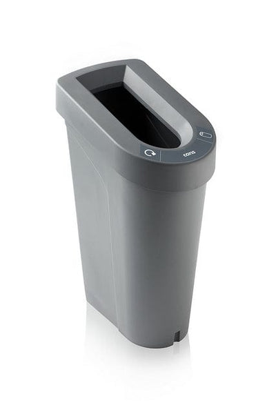 Single freestanding recycling bin with open top lid and cans label