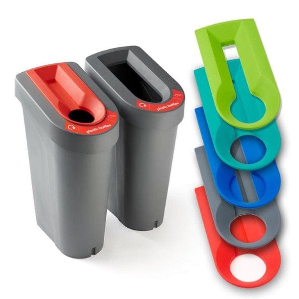 2 Recycling bins, one with a red hole insert and one without an insert.  Group shots of inserts down the side 