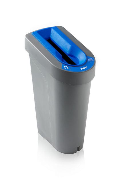 Freestanding recycling bin with blue paper slot insert and paper label